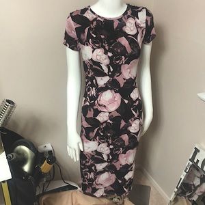 Carmen Marc Valvo rose  print bodycon midi dress
